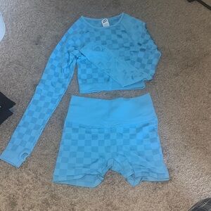 Checkered Blue Long Sleeve and Shorts Set